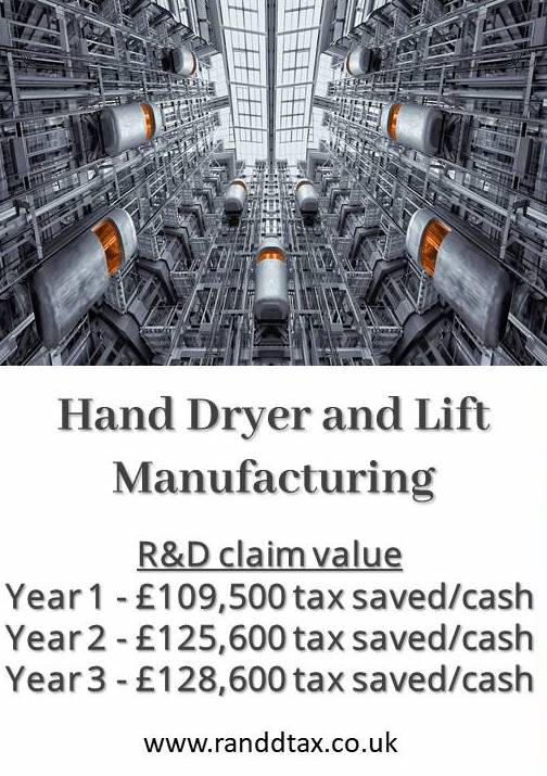 case study R&D tax credit claim Hand Dryer and Lift Manufacturing